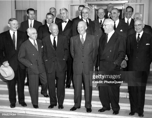 Portrait of American politician US President Dwight D Eisenhower as he poses with members of the US Supreme Court and Justice Department, Washington...