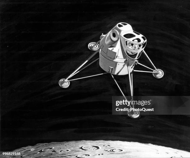 Illustration of an early design idea for a Lunar Excursion Module as it approaches the sufrace of the moon, March 14, 1963. It is piloted by two...