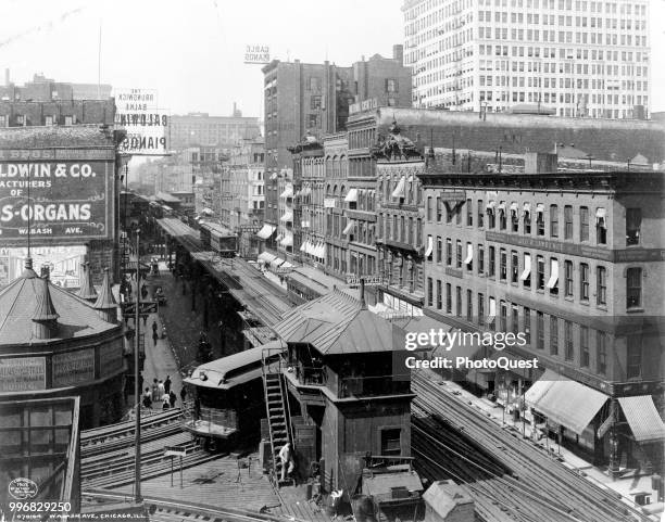 Elevated view of the L, or elevated, train track looking North along Wabash Avenue at East Van Buren Street, Chicago, Illinois, 1907.