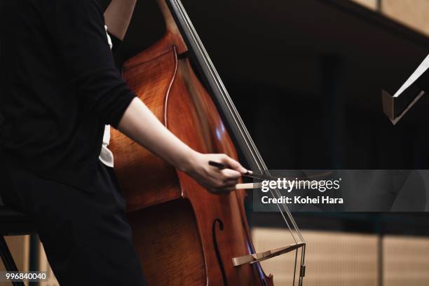 woman playing a contrabass at concert hall in rehearsal - classical orchestral music stock pictures, royalty-free photos & images