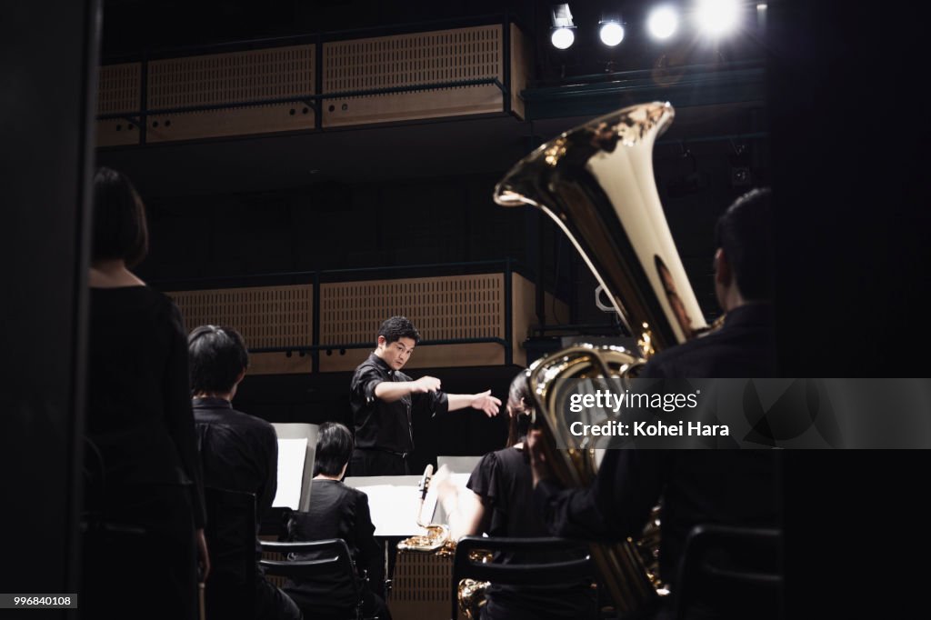 Orchestra playing musical instruments at concert hall