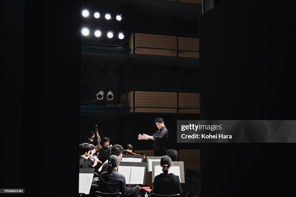 Orchestra playing musical instruments at concert hall