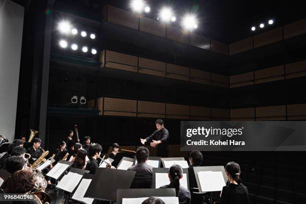 orchestra playing musical instruments at concert hall - orquestra imagens e fotografias de stock