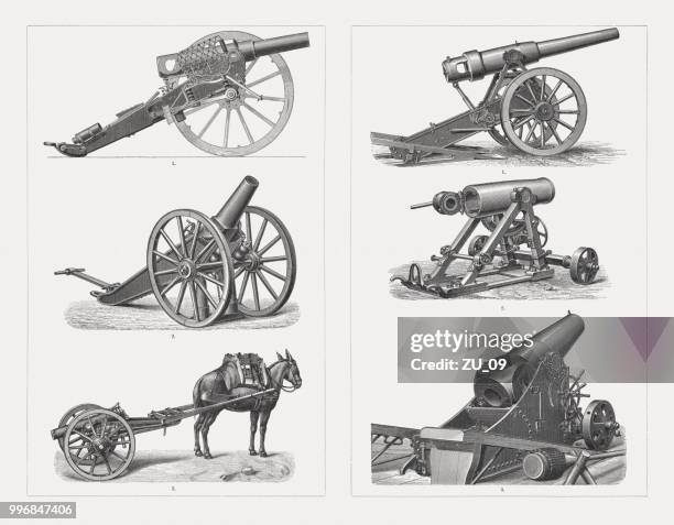 field guns from 19th century, wood engravings, published in 1897 - grenade stock illustrations