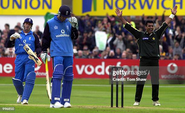 Waqar Younis of Pakistan celebrates taking the wicket of Alec Stewart of England during the England v Pakistan NatWest One Day International match at...