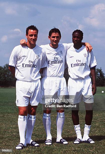 John Terry, Frank Lampard and William Gallas at the launch of the new Chelsea away kit at the Chelsea Training Ground at Harlington, London....