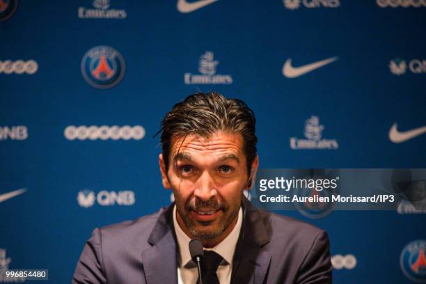 The former Juventus and Italian goalkeeper Gianluigi Buffon attends the press conference announcing his arrival at the Paris Saint Germain on July 9,...