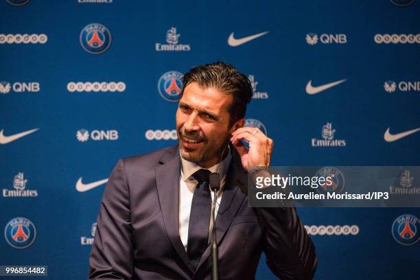The former Juventus and Italian goalkeeper Gianluigi Buffon attends the press conference announcing his arrival at the Paris Saint Germain on July 9,...