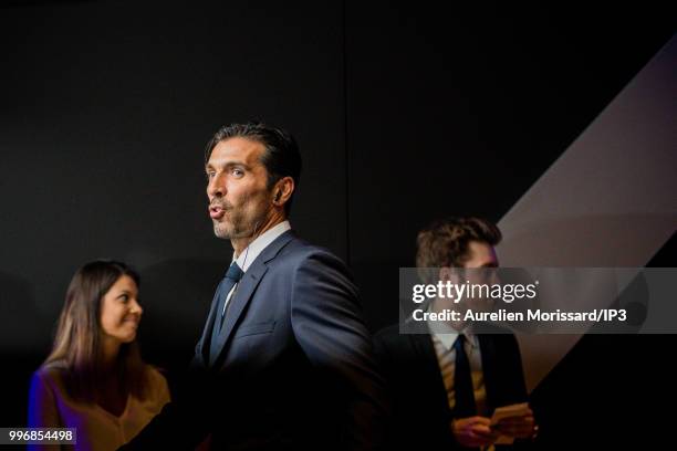 The former Juventus and Italian goalkeeper Gianluigi Buffon attends the press conference announcing his arrival at the Paris Saint Germain on July 9,...