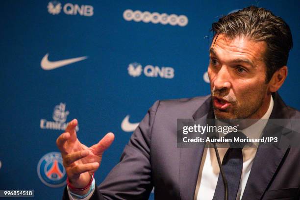 The former Juventus and Italian goalkeeper Gianluigi Buffon attends the press conference announcing his arrival at the Paris Saint Germain on July 9,...