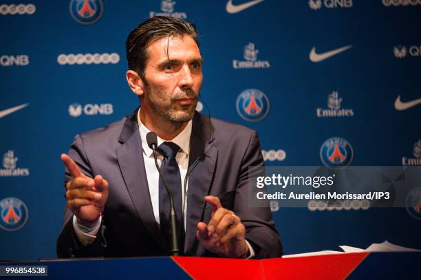 The former Juventus and Italian goalkeeper Gianluigi Buffon attends the press conference announcing his arrival at the Paris Saint Germain on July 9,...