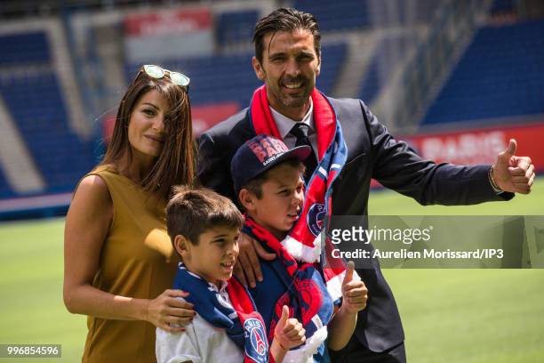 The former Juventus and Italian goalkeeper Gianluigi Buffon and his family attend the press conference announcing his arrival at the Paris Saint...