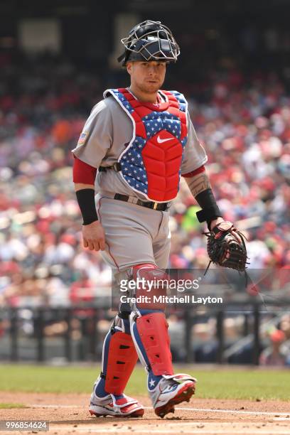 Christian Vazquez of the Boston Red Sox looks on during a baseball game against the Washington Nationals at Nationals Park on July 4, 2018 in...