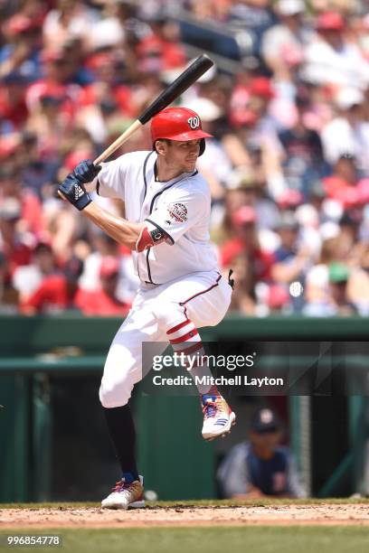 Trea Turner of the Washington Nationals prepares for a pitch during a baseball game against the Boston Red Sox at Nationals Park on July 4, 2018 in...
