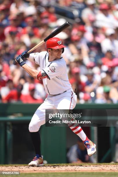 Trea Turner of the Washington Nationals prepares for a pitch during a baseball game against the Boston Red Sox at Nationals Park on July 4, 2018 in...