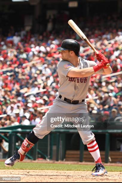 Andrew Benintendi of the Boston Red Sox prepares for a pitch during a baseball game against the Washington Nationals at Nationals Park on July 4,...