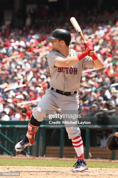 Andrew Benintendi of the Boston Red Sox prepares for a pitch during a baseball game against the Washington Nationals at Nationals Park on July 4,...