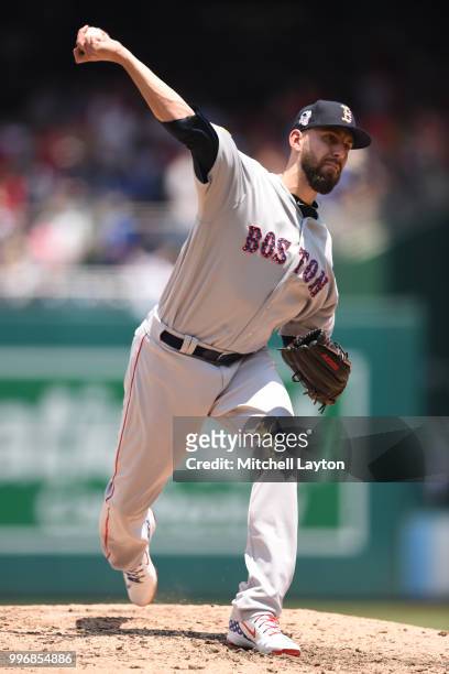 Matt Barnes of the Boston Red Sox pitches during a baseball game against the Washington Nationals at Nationals Park on July 4, 2018 in Washington,...