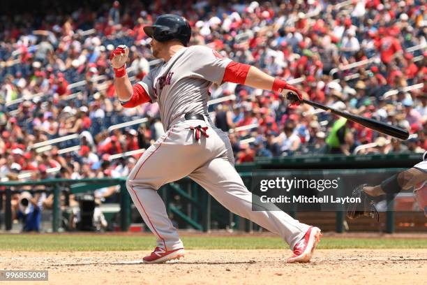 Steve Pearce of the Boston Red Sox takes a swing during a baseball game against the Washington Nationals at Nationals Park on July 4, 2018 in...