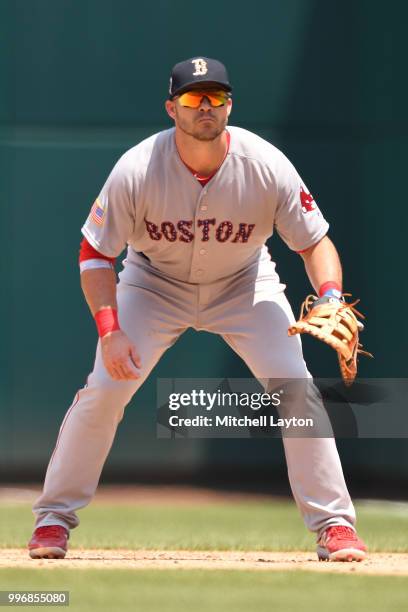 Steve Pearce of the Boston Red Sox in position during a baseball game against the Washington Nationals at Nationals Park on July 4, 2018 in...