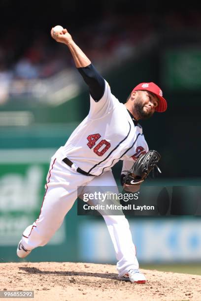 Kelvin Herrera of the Washington Nationals pitches during a baseball game against the Boston Red Sox at Nationals Park on July 4, 2018 in Washington,...