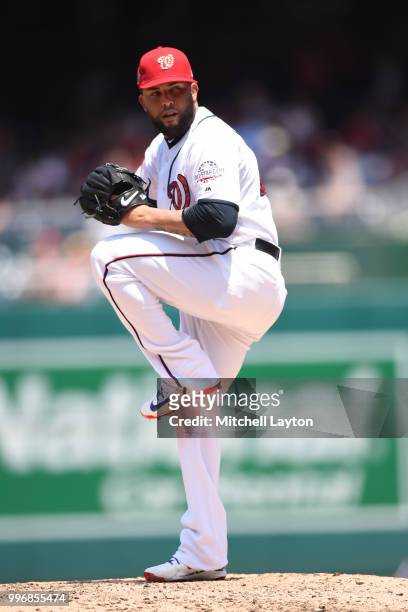Kelvin Herrera of the Washington Nationals pitches during a baseball game against the Boston Red Sox at Nationals Park on July 4, 2018 in Washington,...