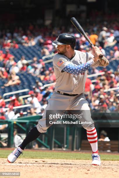 Blake Swihart of the Boston Red Sox prepares for a pitch during a baseball game against the Washington Nationals at Nationals Park on July 4, 2018 in...