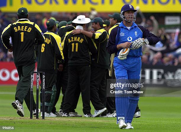 Waqar Younis of Pakistan celebrates taking the wicket of Alec Stewart of England during the England v Pakistan NatWest One Day International match at...