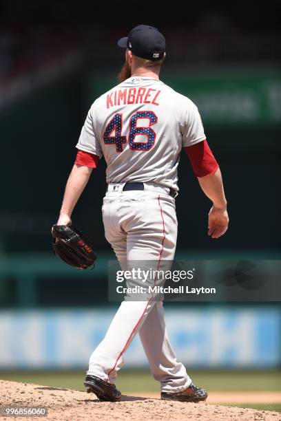 Craig Kimbrel of the Boston Red Sox watches a hit ball during a baseball game against the Washington Nationals at Nationals Park on July 4, 2018 in...
