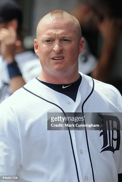 Jeremy Bonderman of the Detroit Tigers looks on from the dugout against the Boston Red Sox at Comerica Park on May 16, 2010 in Detroit, Michigan. The...