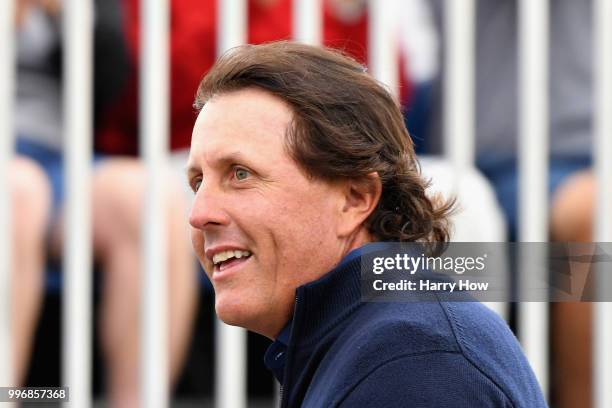 Phil Mickelson of USA smiles on the first tee during day one of the Aberdeen Standard Investments Scottish Open at Gullane Golf Course on July 12,...