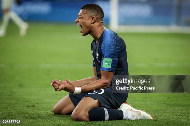 Kylian Mbappe of France celebrates for qualifying the final of the World Cup during match between France and Belgium valid for the semi final of the...