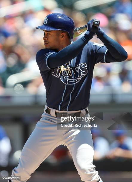 Mallex Smith of the Tampa Bay Rays in action against the New York Mets during a game at Citi Field on July 8, 2018 in the Flushing neighborhood of...