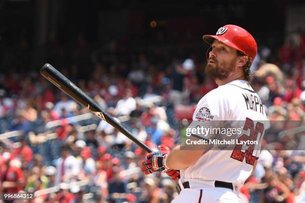 Daniel Murphy of the Washington Nationals takes a swing during a baseball game against the Boston Red Sox at Nationals Park on July 4, 2018 in...