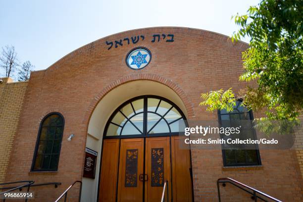 Facade with Star of David and lettering in Hebrew reading Beth Israel on the facade of the Beth Israel synagogue in Berkeley, California, July 3,...