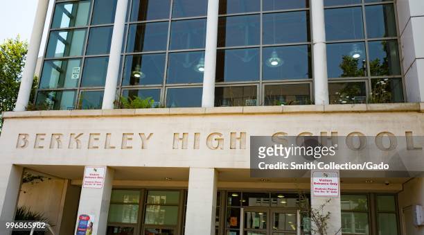 Sign on facade of the Berkeley High School, originally founded in 1880, in the Civic Center neighborhood of Berkeley, California, July 3, 2018.