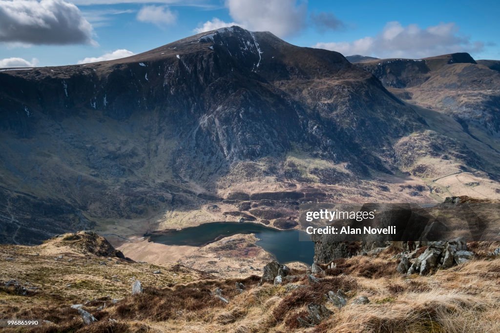 Llyn Idwal and Y Garn from Y Gribin, The Glyderau, Snowdonia National Park, North Wales, UK