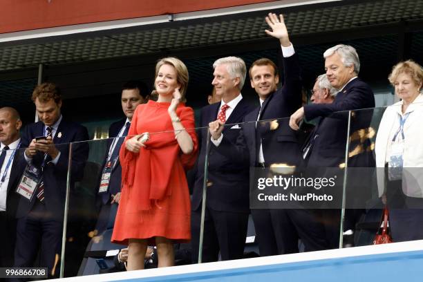 Belgium's Queen Mathilde, Belgium's King Philippe, French President Emmanuel Macron attend the 2018 FIFA World Cup Russia Semi Final match between...