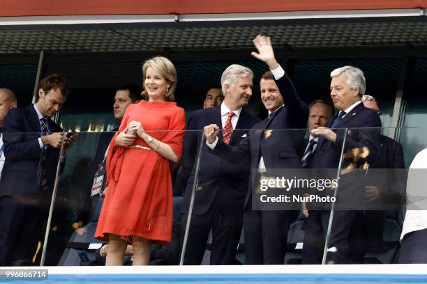 Belgium's Queen Mathilde, Belgium's King Philippe, French President Emmanuel Macron attend the 2018 FIFA World Cup Russia Semi Final match between...