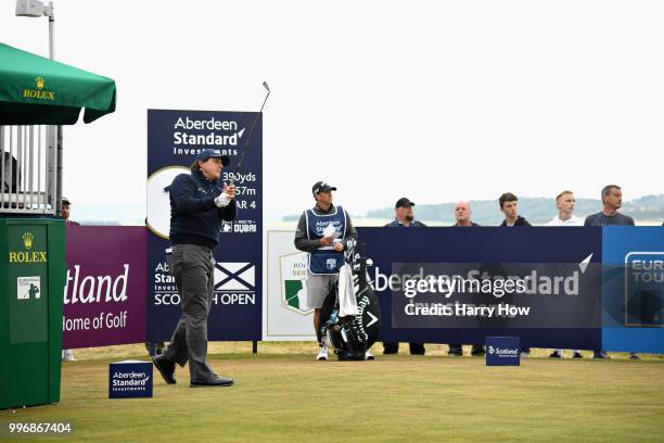 Phil Mickelson of USA tees off on hole one during day one of the Aberdeen Standard Investments Scottish Open at Gullane Golf Course on July 12, 2018...