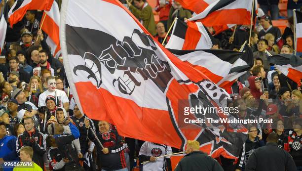 The Barra Brava, a group of United fans, are shown during the United winning it's home opener against Real Salt Lake 1 - 0 at RFK Stadium in...