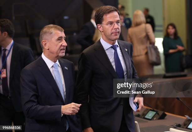 Czech Prime Minister Andrej Babis and Dutch Prime Minister Mark Rutte arrive for a working session of NATO leaders and the delegations from Ukraine...