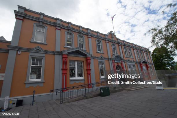 Facade of the Hamilton Post Office building in Hamilton, New Zealand on an overcast day, November, 2017.