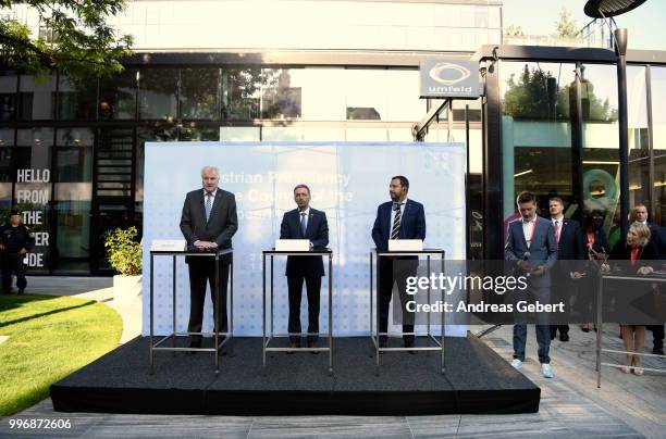 German Interior Minister Horst Seehofer, Austrian Interior Minister Herbert Kickl and Italian Interior Minister Matteo Salvini speak at a press...