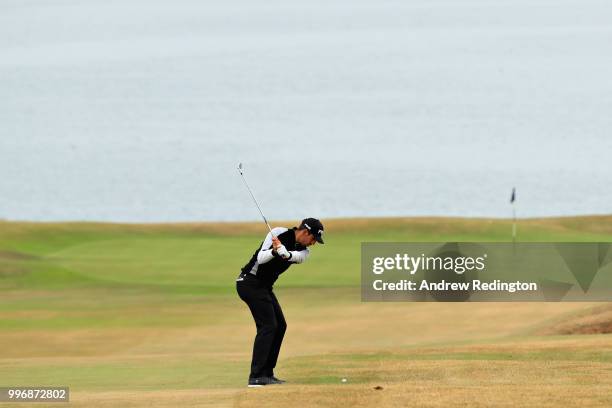 Matthieu Pavon of France takes his second shot on hole ten during day one of the Aberdeen Standard Investments Scottish Open at Gullane Golf Course...