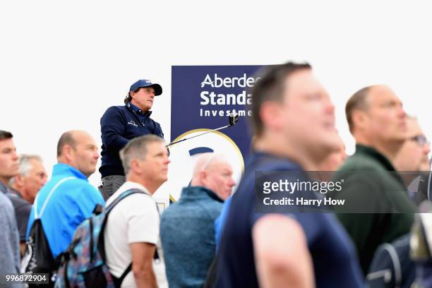 Phil Mickelson of USA takes his tee shot on hole two during day one of the Aberdeen Standard Investments Scottish Open at Gullane Golf Course on July...