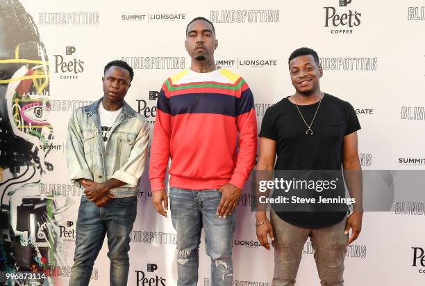 Mayne Mannish, Clyde Carson and Sho Nuff attend the Premiere of Summit Entertainment's "Blindspotting" at The Grand Lake Theater on July 11, 2018 in...