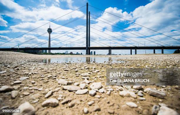 Picture taken on July 11, 2018 shows the dried up river banks of the Rhine river in Duesseldorf. / Germany OUT