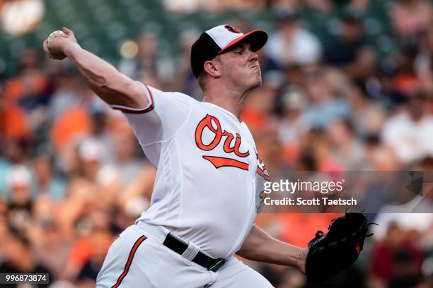 Dylan Bundy of the Baltimore Orioles pitches against the New York Yankees during the first inning at Oriole Park at Camden Yards on July 11, 2018 in...