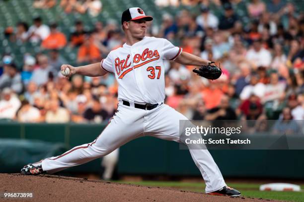 Dylan Bundy of the Baltimore Orioles pitches against the New York Yankees during the first inning at Oriole Park at Camden Yards on July 11, 2018 in...